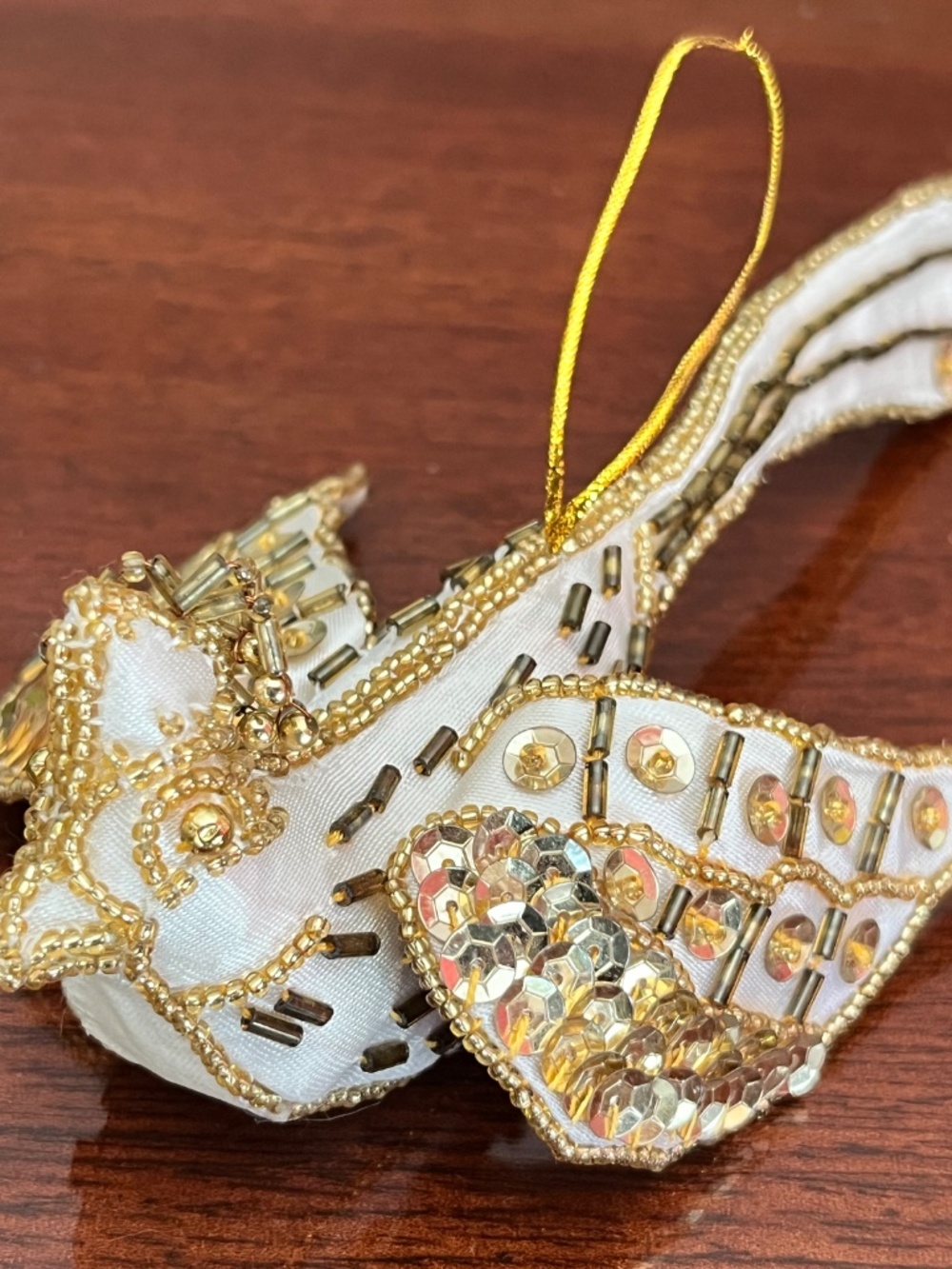 Hand Beaded White & Gold Bird Ornament – Sequins & Beads
